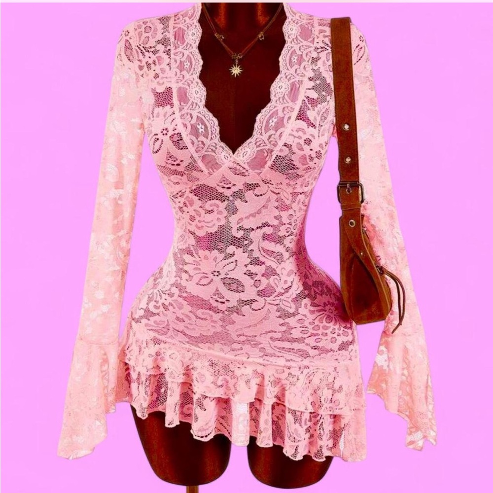 light pastel pink lace flare long sleeve dress